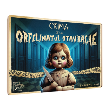 Cutie joc detectiv românesc Crima de la Orfelinatul Stavrache – Mystery Case Box, joc complex cu zeci de probe fizice realizate manual în România